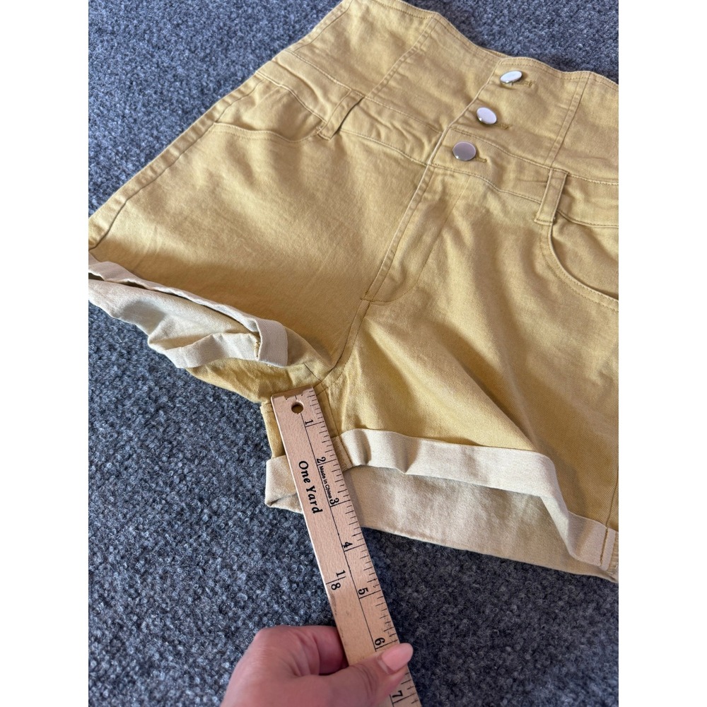 FAVLUX Mustard Yellow High Waisted Triple Button Fly Cuffed Shorts Womens SZ S - Picture 5 of 13
